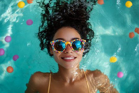 Portrait of a beautiful young woman in a swimming pool with sunglassesの素材
