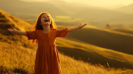 Happy young woman in long dress standing on the top of the mountain at sunset.の素材