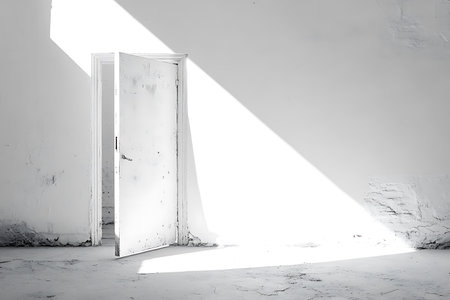 Open door in white room with shadow on wall. Black and whiteの素材