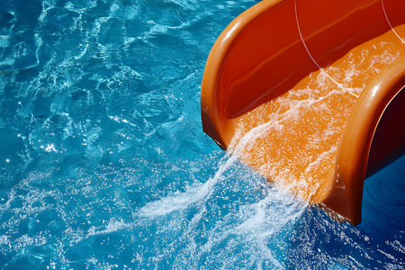 Orange plastic slide in a swimming pool with blue water and white foamの素材