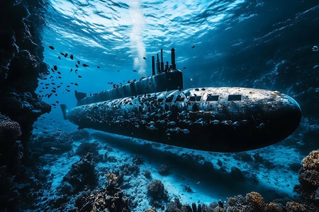 Submarine in the Red Sea. 3D rendering. Underwater world.の素材
