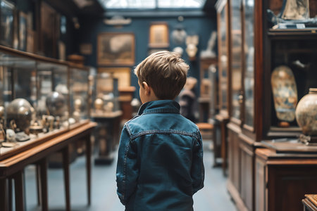 Boy looking at the exposition of the Museum of Natural History in Istanbul, Turkeyの素材