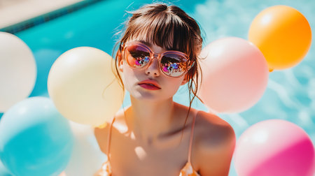 stylish girl in sunglasses and swimsuit with balloons in swimming poolの素材