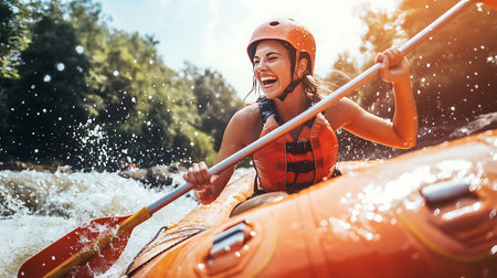 Happy young woman kayaking on the river. Sport and active lifestyle.の素材