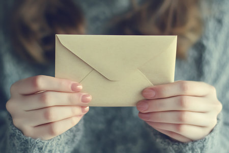 Close up of woman hands holding envelope with blank space for your textの素材