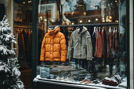 Winter clothes on the window of a shop in the winter season.の素材