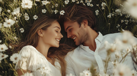 Beautiful young couple in love is hugging and smiling while lying on the field of flowersの素材