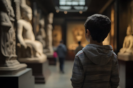 Boy looking at ancient statues in Museum of Art, Istanbul, Turkeyの素材