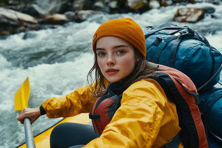 A girl in a yellow jacket and a yellow hat is rafting on the river.の素材