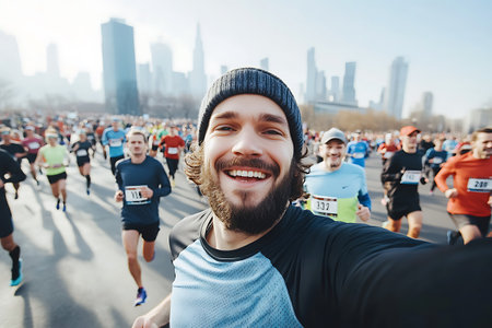 Man taking a selfie during the New York City Marathon.の素材