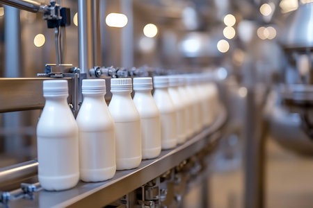 Milk bottles on a conveyor belt in a modern dairy factoryの素材