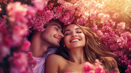 Happy young couple in love with pink flowers on the background of the parkの素材