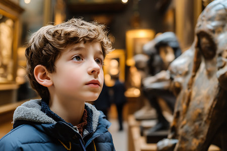 Portrait of a boy in a blue jacket looking at the exposition in the museumの素材