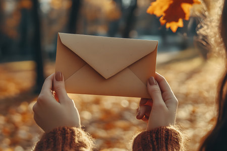 Close-up of female hands holding envelope with letter in autumn parkの素材