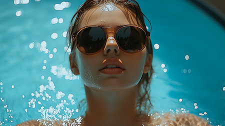 Close-up portrait of a beautiful girl in a swimming pool.の素材
