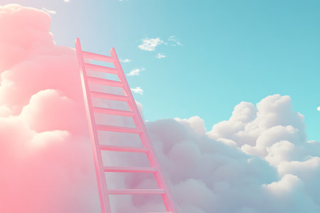 Ladder leading to the sky with clouds, 3D illustration.の素材