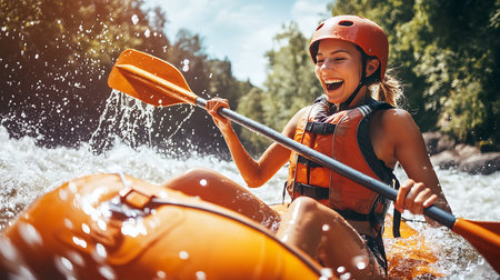 Beautiful smiling young woman kayaking on the river. Active lifestyleの素材