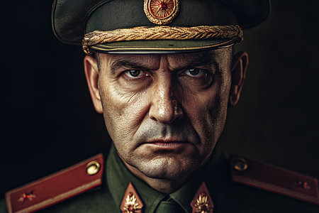 Portrait of a man in the form of a Soviet soldier. Studio shot.の素材