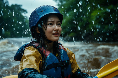 Asian woman kayaking in the river in the rain. Water sport concept.の素材