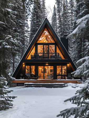Beautiful wooden house in the forest in winter. Christmas and New Year holidays concept.の素材