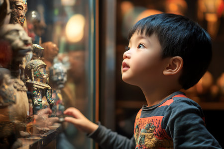 Cute asian boy looking at souvenir shop window, vintage toneの素材