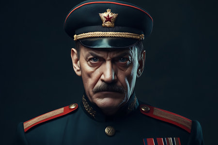 Portrait of a mature man in a military uniform on a dark backgroundの素材