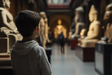 Boy looking at ancient statues in the Museum of Art, Bangkok, Thailandの素材