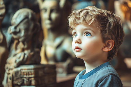 Portrait of a cute little boy with blue eyes in the museumの素材