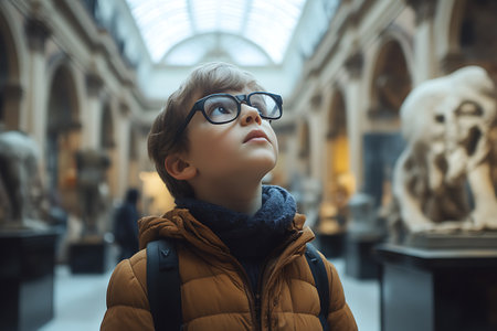 Portrait of a boy in glasses and a jacket in a shopping center.の素材