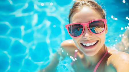 Portrait of smiling young woman in sunglasses in swimming pool at resortの素材