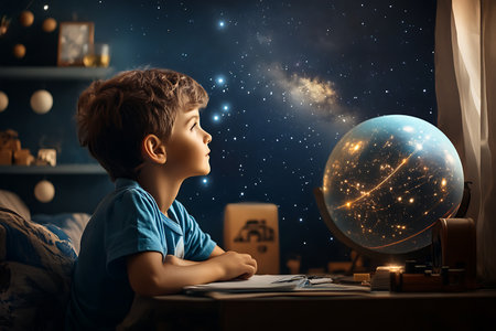 Cute boy in pajamas reading book and dreaming about spaceの素材