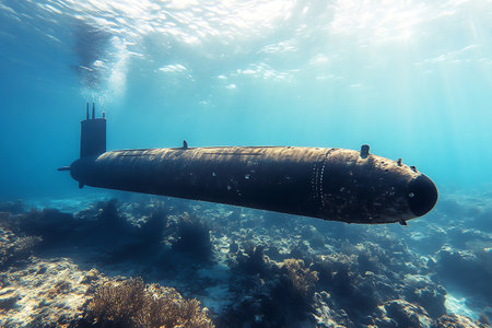Submarine in the sea. Underwater photo of a submarine.の素材
