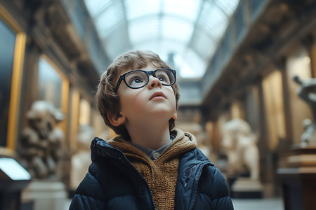 Portrait of a little boy in a coat and glasses in the historical museumの素材