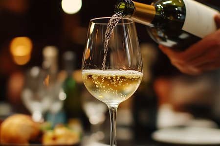 Pouring white wine into a glass, close-up, selective focusの素材