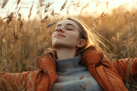 Beautiful young woman relaxing in wheat field at sunset. Healthy lifestyle concept.の素材