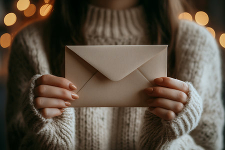 Female hands holding envelope on bokeh background, close-upの素材