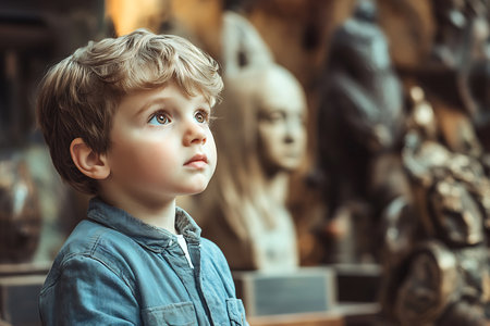 Portrait of a cute little boy in the museum of ancient artの素材