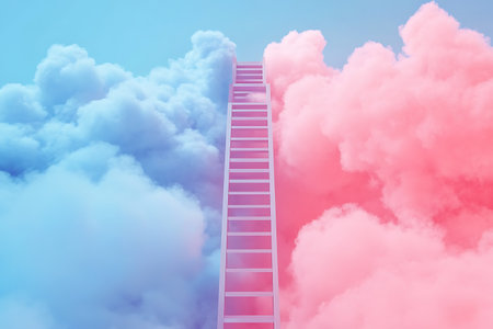 Ladder leading to the sky with clouds, 3d render illustrationの素材