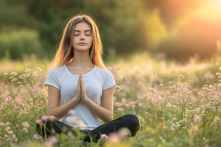 Young woman meditating in the lotus position on the meadowの素材