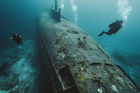 Underwater view of a sunken ship with divers in the backgroundの素材
