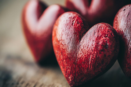 Valentine's day background. Red wooden hearts on wooden background.の素材