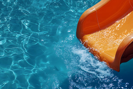 Orange water slide in swimming pool with clear blue water, summertimeの素材