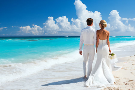 Wedding couple walking on the beach at Seychellesの素材