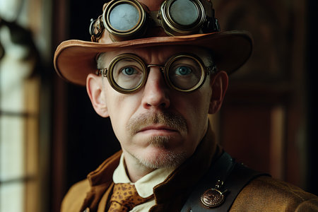 Portrait of a steampunk man in a hat and glasses.の素材