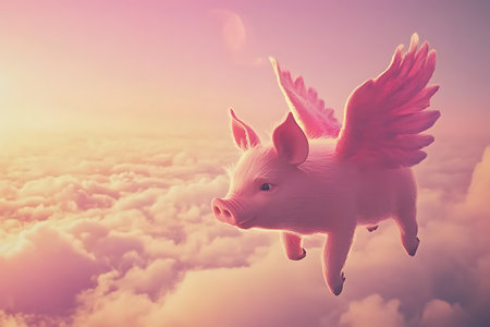 Piggy bank flying high in the clouds. Concept of wealth and prosperity.の素材