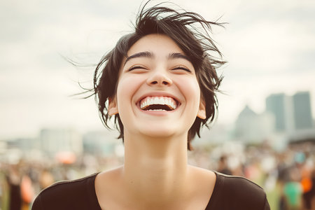 young happy and beautiful latin American woman with short hair smiling cheerful and happy at urban city background in beauty and fashion conceptの素材