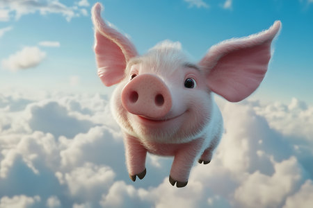3d rendering of a cute pig flying in the sky with cloudsの素材