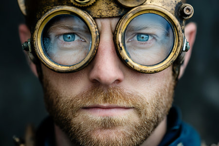 Close-up portrait of a bearded pilot in a helmet and gogglesの素材