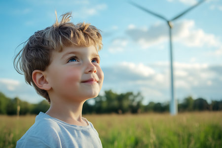 Portrait of a cute little boy in a field with wind turbinesの素材