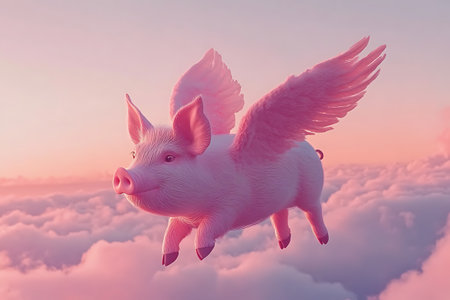 Piglet flying in the clouds. 3d render illustration.の素材